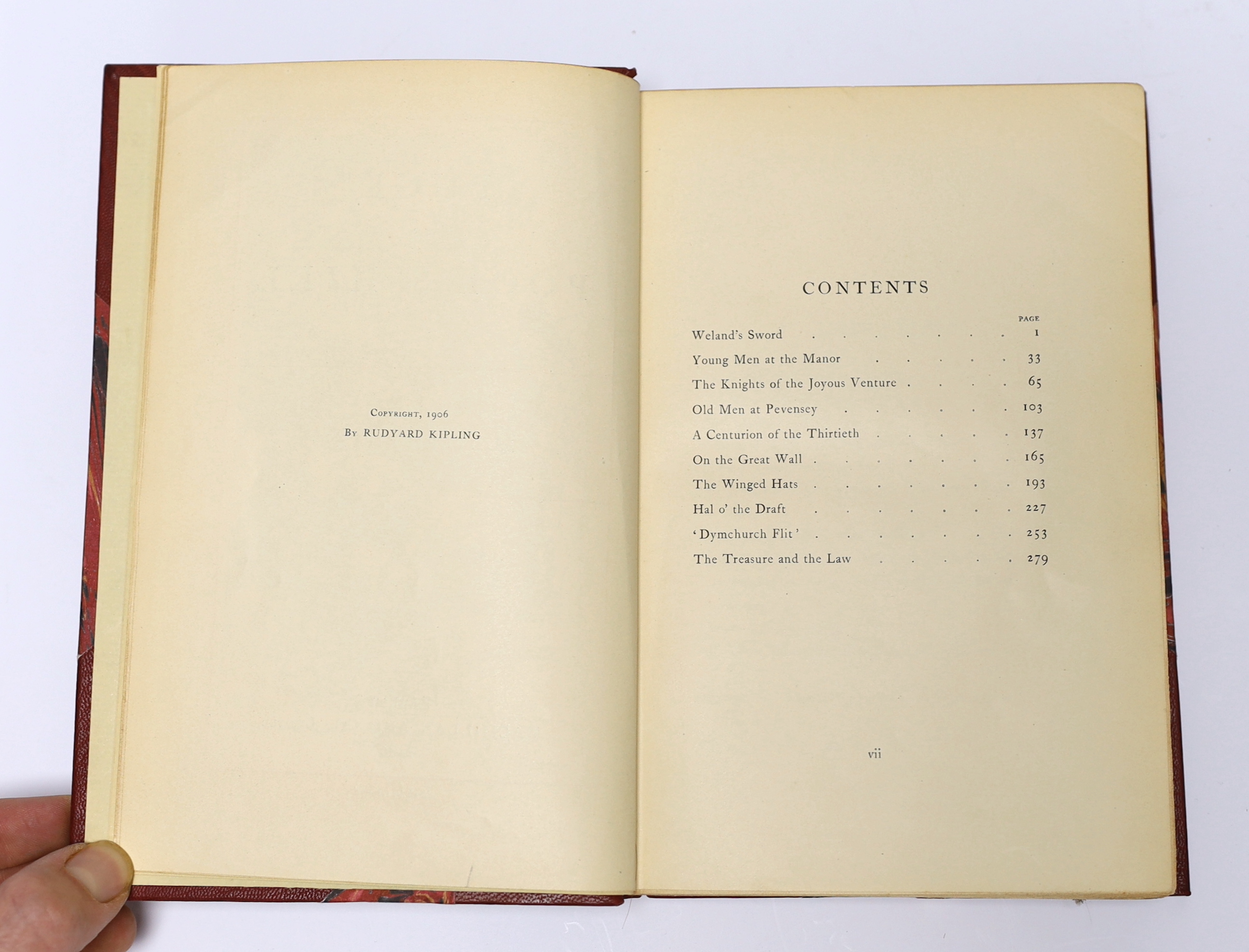 Kipling, Rudyard - Puck of Pook's Hill. First edition, 20 full page illus. (by H.R. Millar), half title and 5 advert. leaves; sometime rebound red half morocco and marbled boards, gilt decorated, ruled and lettered panel